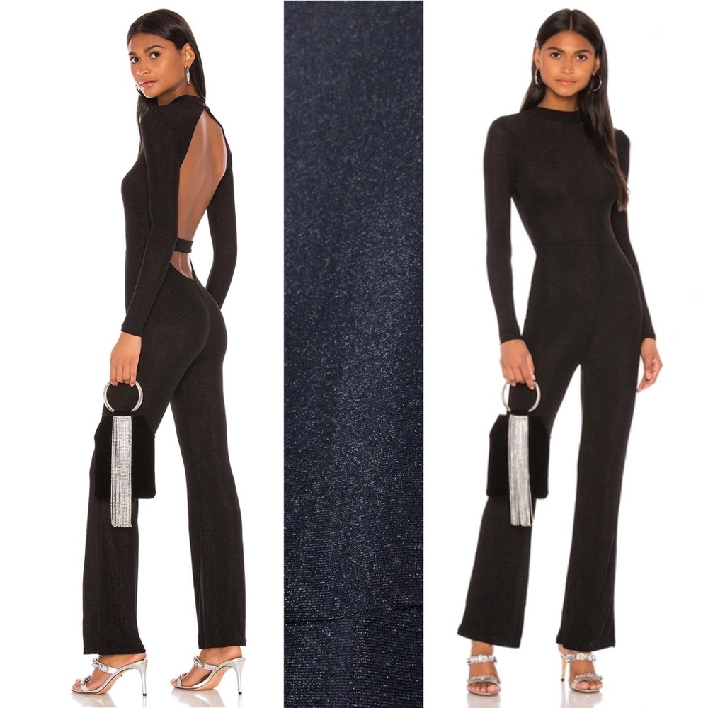 NWT Superdown Nissa Metallic Glitter Open Back Jumpsuit S Black Mock Neck